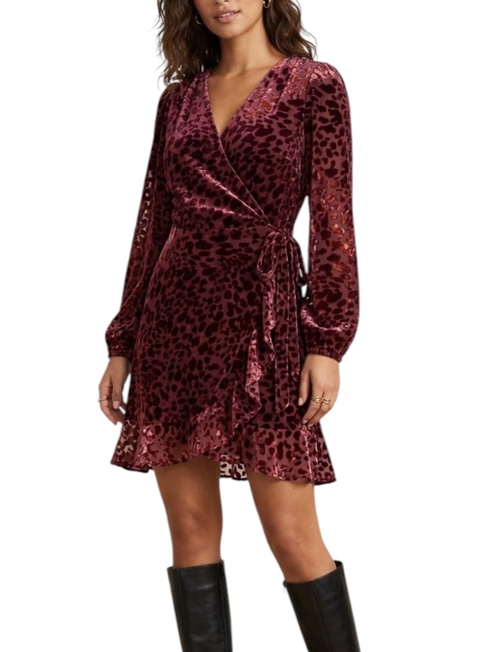 Alex Marie Plum Burnout Velvet Animal Print Wrap Dress Long Sleeve Ruffle Mini